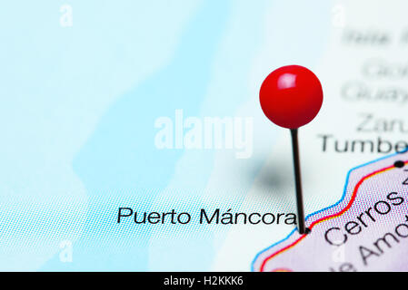 Puerto Mancora sur une carte du Pérou Banque D'Images
