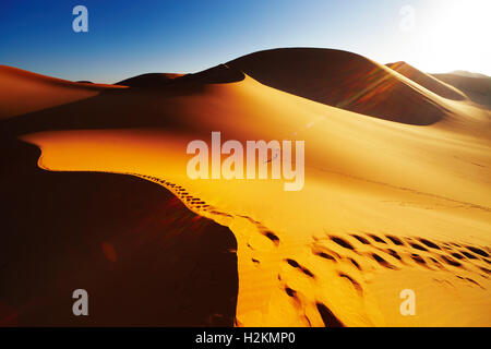 Dune de sable avec des empreintes au lever du soleil, désert du Sahara, l'Algérie Banque D'Images