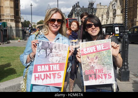 Londres, Angleterre, Royaume-Uni. Sep 30, 2016. Care2 l'hôte d'une manifestation contre la pratique barbare de "Cubbing" commence en août et se termine en novembre de chaque année. désolé Foxs est la loi lorsque vous l'intention de signer et de combien de temps vous pouvez vivre à la cour du Parlement, London, UK. Credit : Voir Li/Alamy Live News Banque D'Images