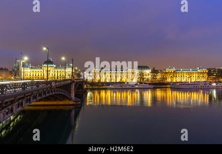 Le long pont de l'Université de Lyon Rhône la nuit à Lyon France Banque D'Images