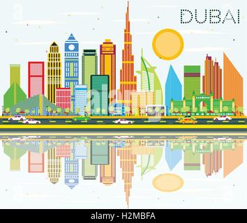 Dubai Skyline avec les bâtiments, de couleur bleu ciel et la réflexion. Vector Illustration. Les voyages d'affaires et tourisme Concept avec Dubai Illustration de Vecteur