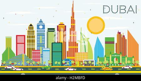 Dubai Skyline avec bâtiments de couleur et de ciel bleu. Vector Illustration. Les voyages d'affaires et tourisme Concept Illustration de Vecteur