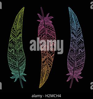 Trois plumes brillantes sur fond noir Illustration de Vecteur