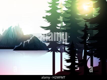 Nature Paysage montagne, forêt et lac. Illustration de Vecteur