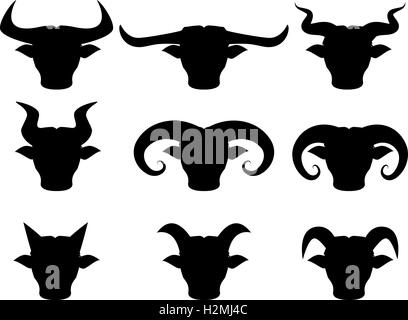 Buffalo Bull Head et icônes de style silhouette Illustration de Vecteur