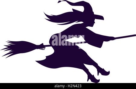 Vol sur balai de sorcière de Silhouette. Symbole de l'Halloween. Vector Illustration de Vecteur
