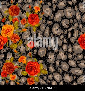 Peau de Léopard Noir et roses orange Illustration de Vecteur