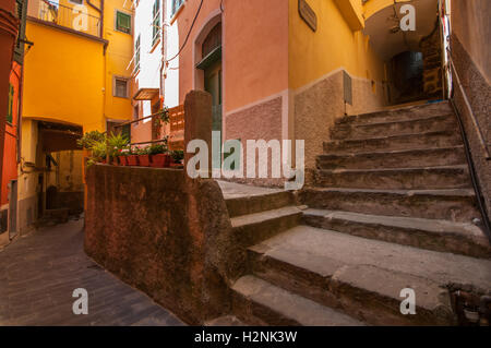 Un exemple de l'étroite allées qui sont typiques des villages Méditerranéens, Riomaggiore, Cinque Terre, Liguaria, Italie, Banque D'Images