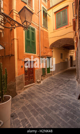 Un exemple de l'étroite allées qui sont typiques des villages méditerranéens, Riomaggiore, Cinque Terre, Liguaria, Italie, Banque D'Images