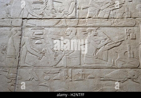 L'Égypte. Nécropole de Saqqara. Mastaba de Kagemni (2350 BC). Juge en chef et le vizir du pharaon Téti. Relief représentant l'alimentation d'une vache et scribe. 6ème dynastie. Vieux Royaume. Banque D'Images