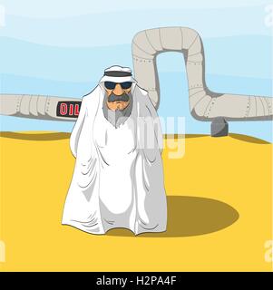 Cartoon illustration d'un cheikh arabe et d'un oléoduc derrière lui, dans le désert. Illustration de Vecteur