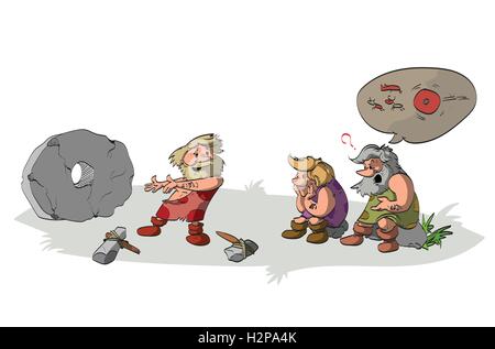 Cartoon vector illustration d'un cavement inventer et présenter la roue à son ignorant et stupide tribu et amis, Illustration de Vecteur