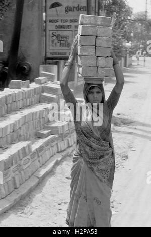 Femme en Inde transportant briques brian mcguire Banque D'Images