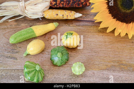 Récolte précoce display, bébé courgette et squash sur la surface en bois, décorées avec le maïs séché un tournesol Banque D'Images