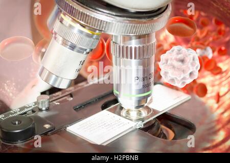 Microscope et cellules du sang, illustration de l'ordinateur. Banque D'Images