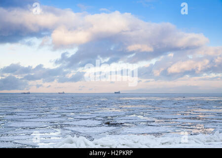 Paysage côtier d'hiver avec des fragments de glace et ciel nuageux sur horizon. Golfe de Finlande, Russie Banque D'Images