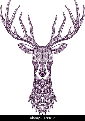 Tête dessinés à la main, le cerf, le renne. Symbole de Noël, Noël Illustration de Vecteur