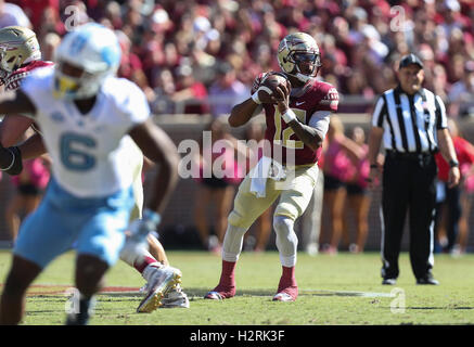 Tampa, Floride, USA. 1 octobre, 2016. MONICA HERNDON | fois.Florida State Seminoles quarterback Deondre Francois (12)au cours du premier trimestre de l'Florida State Seminoles match contre les North Carolina Tar Heels le samedi 1 octobre 2016 à Doak Campbell Stadium à Tallahassee, Floride. A la mi-temps, de la Caroline du Nord 21 7 L'État de Floride. © Monica Herndon/Tampa Bay Times/ZUMA/Alamy Fil Live News Banque D'Images