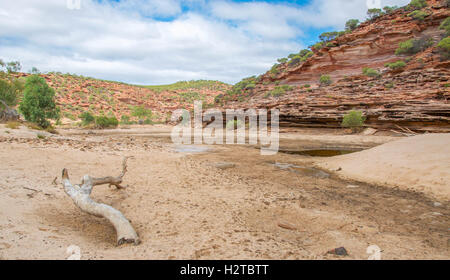 La Murchison River gorge pendant une sécheresse avec des falaises de grès tumblagooda sous un ciel nuageux dans l'ouest de l'Australie, Kalbarri Banque D'Images