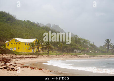 La Barbade côte atlantique barclays park lakes Beach grande maison jaune dog walkers sable couleur couleur lumineux de marche en vous promenant sa Banque D'Images