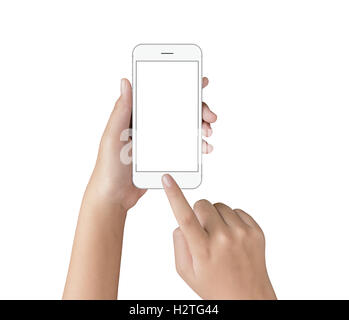 Toucher la main sur l'écran du téléphone blanc isolé avec chemin de détourage sur fond blanc, écran vide sur des maquettes pour adjustmen téléphone Banque D'Images