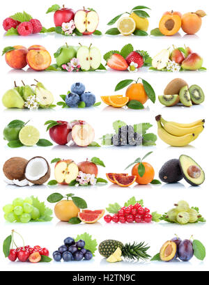 Collection de fruits Fruits pommes pomme orange banane fraise raisin poire ananas isolés organique Banque D'Images