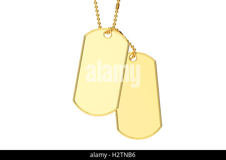 Golden dog tags, rendu 3D isolé sur fond blanc Banque D'Images