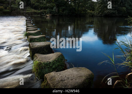 Vieilles pierres de gué sur la rivière Wharfe avec précipitation et de l'eau une eau bleue, Ilkley, West Yorkshire, Royaume-Uni Banque D'Images