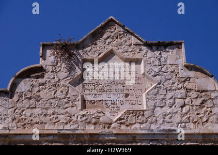 Un script en hébreu gravé sur un bâtiment historique restauré dans les Michkenot Shaananim banquier juif britannique commémorant Sir Moses Montefiore et philanthrope qui a construit en 1860 Les Michkenot Shaananim le premier quartier juif construit hors les murs de la vieille ville de Jérusalem Israël. Banque D'Images