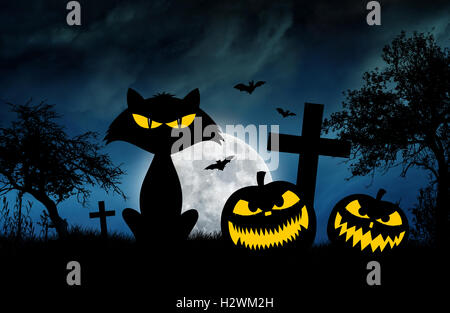 Illustration avec le thème de l'Halloween, les citrouilles et les chauves-souris de chat Banque D'Images