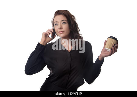 Happy business woman talking on the phone boire un café Banque D'Images