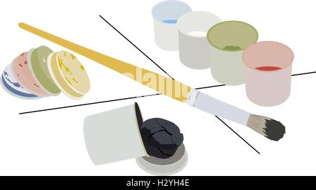 L'ensemble de peintures à la gouache dans la bombe et le pinceau Illustration de Vecteur