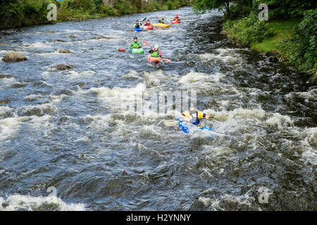 Un groupe de kayakistes en kayak kayaks Pyranha bas courant rapide de la rivière Glaslyn Afon de Snowdonia. Gwynedd au Pays de Galles UK Beddgelert Banque D'Images