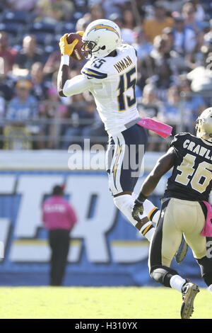 San Diego, CA, USA. 2e oct, 2016. 2 octobre 2016 : San Diego Chargers Dontrelle Inman wide receiver (15) fait une première réception vers le bas dans le jeu entre les New Orleans Saints et San Diego Chargers, Qualcomm Stadium, San Diego, CA. Peter Renner and Co/ ZUMA Service Fil Crédit : Peter Renner and Co/ZUMA/Alamy Fil Live News Banque D'Images