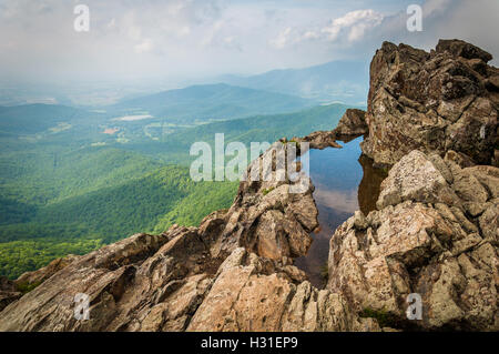 Flaque d'eau sur les falaises et Little Stony Man vue brumeuse du Blue Ridge, dans le Parc National Shenandoah, en Virginie. Banque D'Images