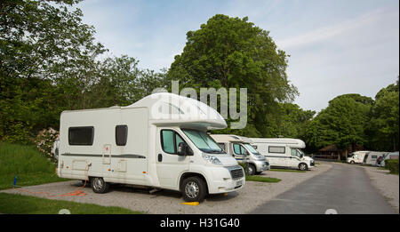 Groupe de camping-car / camping-car garé entre paysage dominé par l'ombrage des arbres à Bolton Abbey Caravan Park en Angleterre Banque D'Images