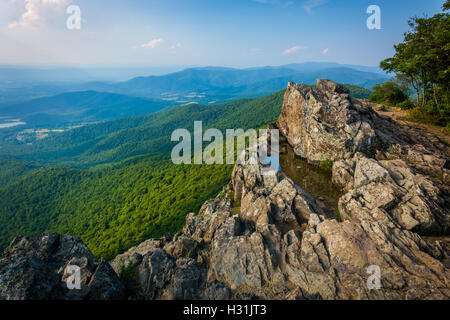 Flaque d'eau sur les falaises de l'homme Little Stony et vue sur les montagnes Blue Ridge, dans le Parc National Shenandoah, en Virginie. Banque D'Images