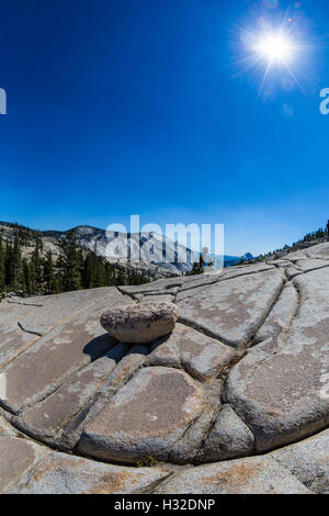 Bloc erratique de granite fissuré au point d'Olmsted dans Yosemite National Park, California, USA Banque D'Images