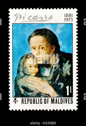 Timbre-poste des Maldives illustrant la peinture de Picasso "otherhood'. Banque D'Images