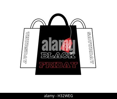 Le vendredi noir publicité 25 novembre 2016. Isolé sur blanc les sacs avec une étiquette. Illustration de l'affiche. Vecteur. Illustration de Vecteur