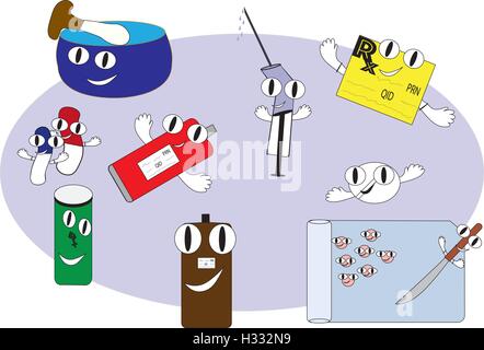 Caricature caricature pilules, crèmes, mortier et pilon, prescription, seringue, et le flacon de médicaments. Illustration de Vecteur