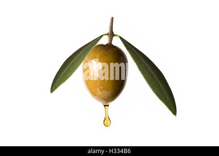 Une goutte d'huile d'olive d'une olive verte isolée sur fond blanc Banque D'Images