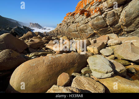 Plage de rochers avec de gros cailloux lisses, Garden Route National Park, Afrique du Sud Banque D'Images