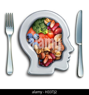 La nourriture du cerveau pour stimuler l'intelligence du concept de la nutrition en tant que groupe d'aliments nutritifs et de petits fruits Légumes Poisson noix riches en acides gras oméga-3 avec des vitamines et minéraux pour la santé de l'esprit avec 3D illustration éléments. Banque D'Images