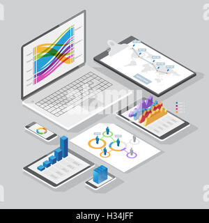 Ensemble d'éléments de design infographies sur la papeterie et les périphériques de l'ordinateur. Style isométrique. Banque D'Images