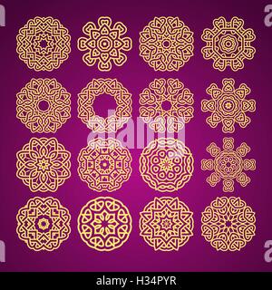 Avec motif fleur mandala symbole coeur abstract pattern set vector jaune vif sur fond violet sombre illustration Illustration de Vecteur