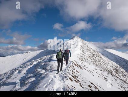 Les promeneurs sur la crête de Whiteside en hiver dans le parc national de Lake District, England, UK Banque D'Images