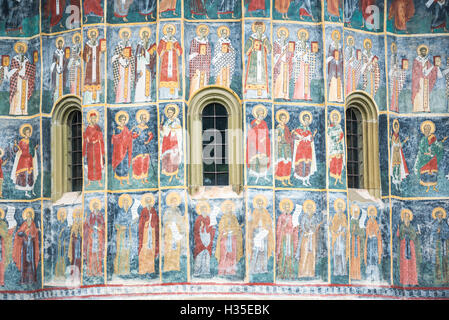 Peintures murales au monastère de Sucevita, une des églises peintes du nord de la Moldavie, l'UNESCO, la Bucovine, Roumanie Banque D'Images