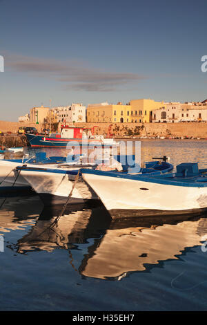 Bateaux de pêche au port, vieille ville au lever du soleil, Gallipoli, Lecce, province de la péninsule Salentine, Pouilles, Italie Banque D'Images