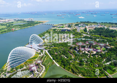 Vue de haut donnant sur les jardins de la baie avec ses jardins botaniques et conservatoires Supertree Grove, Singapour Banque D'Images